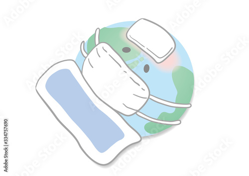 地球、ちきゅうくん、ちきゅう、ベクター、寝込む、病気、風邪、コロナ、危機、おやすみ、デフォルメ、