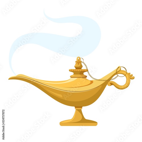 Genie lamp with smoke. Magic antique wish Aladdin lantern light. Vector