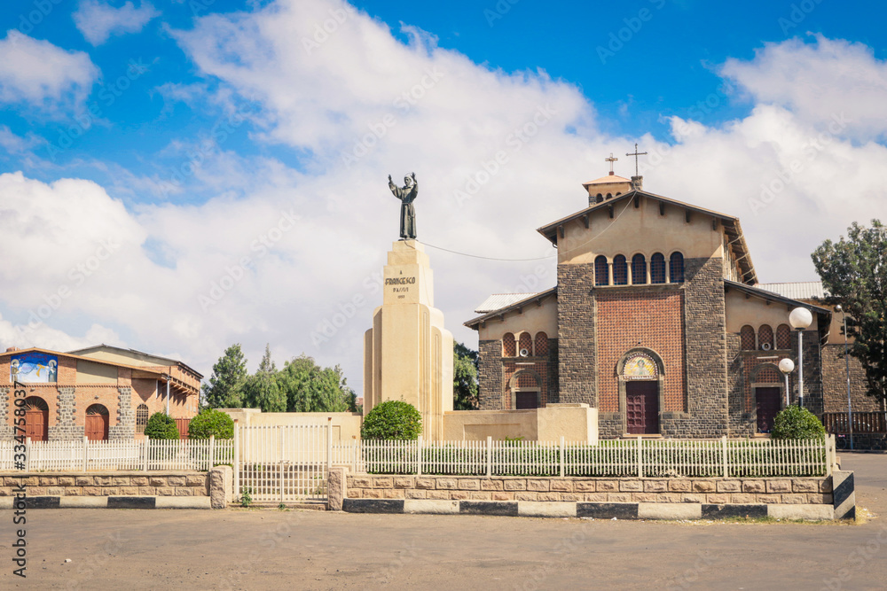 Asmara, Eritrea - November 01, 2019:  Ortodox Church under Blue Sky