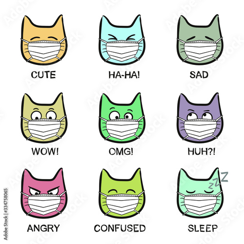 Cat emoji in a protective mask. Funny hand drawn cats in quarantine. Animals vector illustration. Doodle cat.