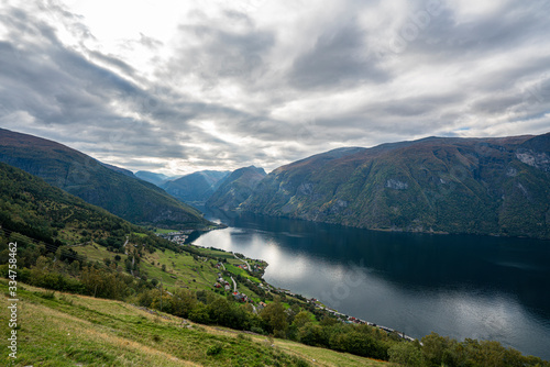 Fjords of Aurland on a cloudy day with mountains in the distance