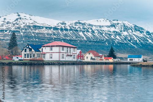 SEYDISFJORDUR, ICELAND, OCTOBER 19, 2019: Scenic view of small town Seydisfjordur on East Iceland. The picturesque rural town. Beautiful landscape in Iceland..