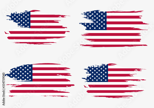 Set American flags. Brush painted flags of USA. Hand drawn style illustration with a grunge effect and watercolor. American flags with grunge texture. Vector illustration.