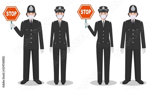 Police and quarantine concept. Couple of british policeman and policewoman in traditional uniforms and protective masks standing together on white background in flat style. Vector illustration.