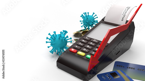 covid 19 virus gold coins and Card swipe machine 3d rendering for Economic recession Content.