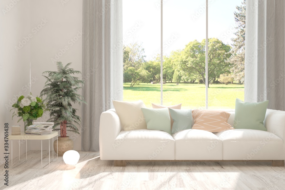 White living room with sofa and summer landscape in window. Scandinavian interior design. 3D illustration White living room with sofa and summer landscape in window. Scandinavian interior design. 3D illustration