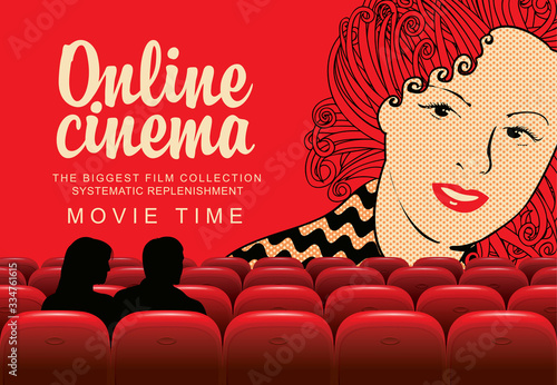 Vector online cinema poster, the biggest film collection. Couple on movie theater with big screen and girls face. Online cinema concept. Movie theatre at home