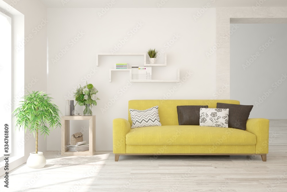 White living room with sofa. Scandinavian interior design. 3D illustration White living room with sofa. Scandinavian interior design. 3D illustration