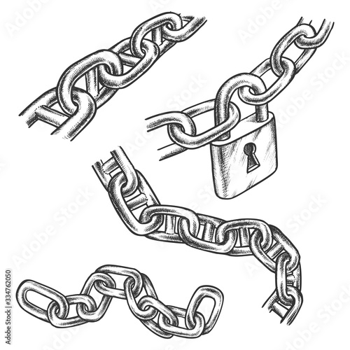 Set of isolated hand drawn icons of broken metal