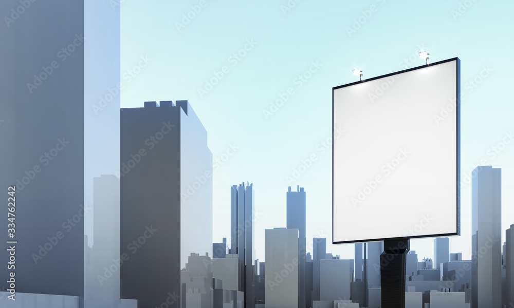 Billboard empty space in city. Signboard template - 3d render illustration. Advertisement promotion sideboard mockup. White blank copy space billboard poster. Brand street shop mockup Billboard empty space in city. Signboard template - 3d render illustration. Advertisement promotion sideboard mockup. White blank copy space billboard poster. Brand street shop mockup