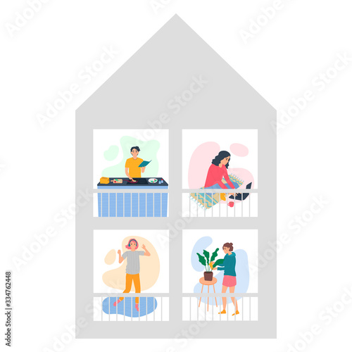Stay home concept. People in quarantine at their home cooking food, dancing to music, working on a laptop, watering flowers. Flatten the curve COVID-19 virus. Social distance. Vector illustration