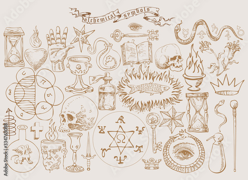 vector set of alchemical symbols in the style of medieval engraving