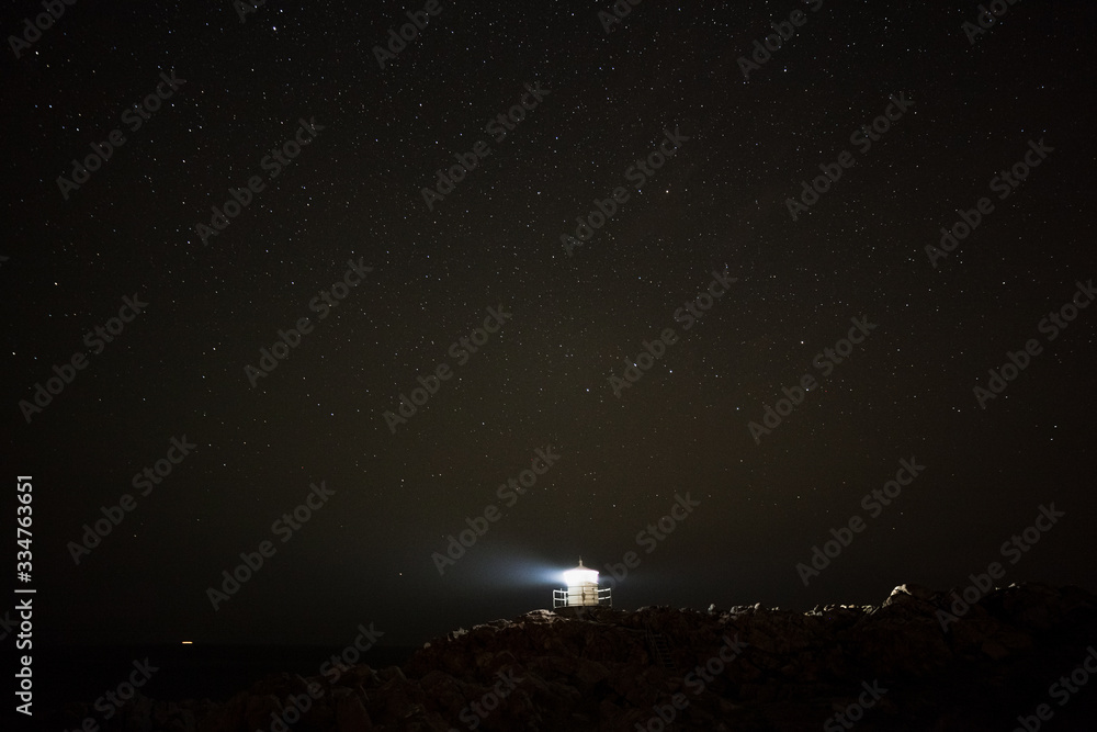 Swedish lighthouse in snow on a windy winter night.