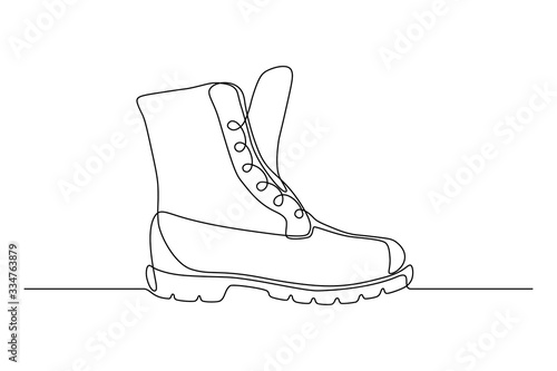 Boot in continuous line art drawing style. Weather resistant high shoes minimalist black linear sketch isolated on white background. Vector illustration