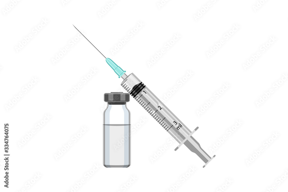 Disposable medical syringe and bottle with liquid drug isolated on white background. Treatment, immunization and vaccination concept. Vector illustration Disposable medical syringe and bottle with liquid drug isolated on white background. Treatment, immunization and vaccination concept. Vector illustration