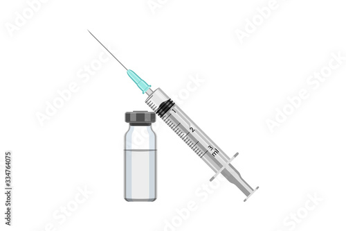 Disposable medical syringe and bottle with liquid drug isolated on white background. Treatment, immunization and vaccination concept. Vector illustration