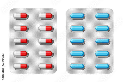 Two-piece hard capsules in blisters. Pharmaceutical blister packs isolated on white background. Vector illustration