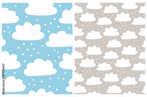 Cute Seamless Vector Pattern with White Fluffy Hand Drawn Clouds on a Light Blue and Warm Gray Background. Simple Cloudy Sky Vector Print ideal for Fabric, Textile. Winter Snowy Repeatable Design.