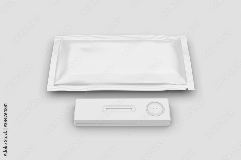 Blank rapid home self test kit sachet packaging for branding, 3d render illustration. Blank rapid home self test kit sachet packaging for branding, 3d render illustration.