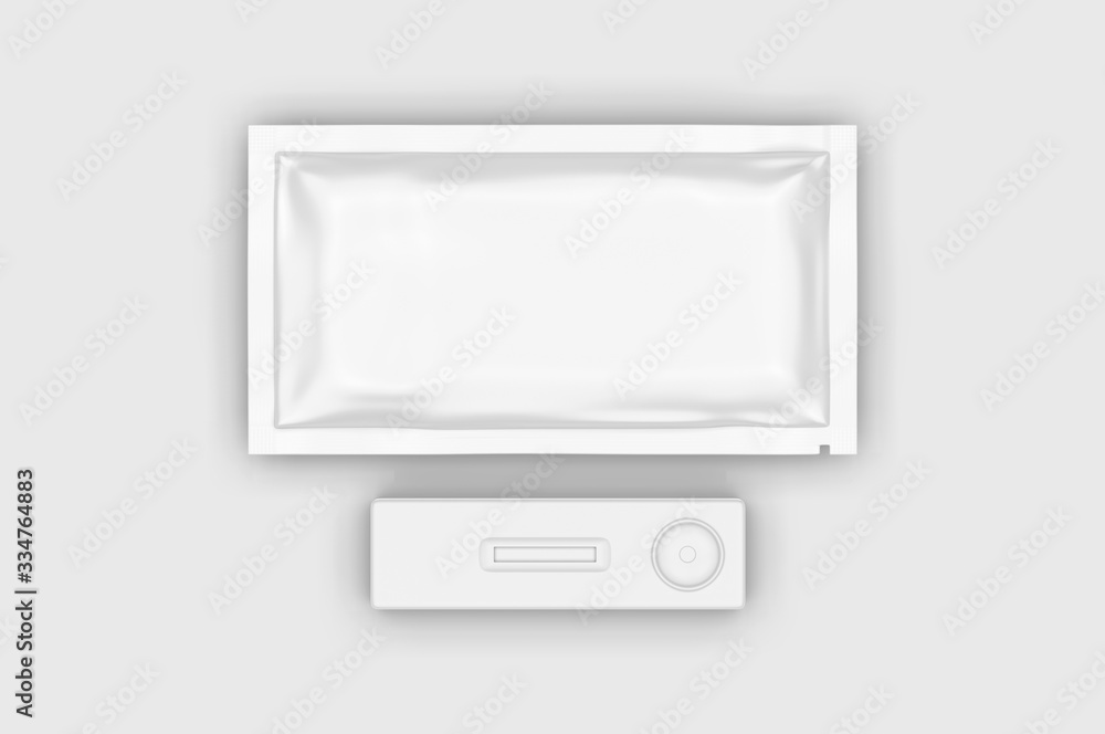 Blank rapid home self test kit sachet packaging for branding, 3d render illustration. Blank rapid home self test kit sachet packaging for branding, 3d render illustration.