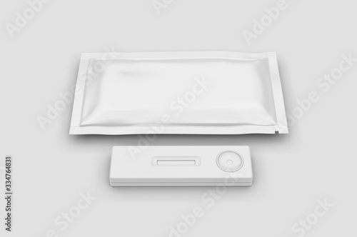 Blank rapid home self test kit sachet packaging for branding, 3d render illustration.