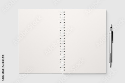 Real photo, blank spiral bound notepad mockup template, isolated on light grey background. High resolution. photo