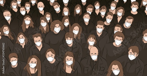 A crowd of people. everyone breathes protected by a mask. fear of covid-19 infection. illustration