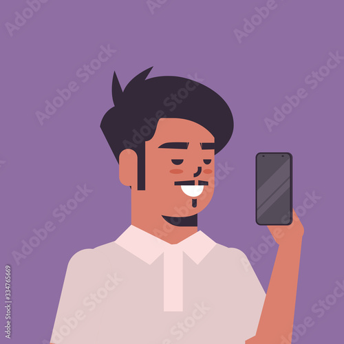 indian man taking selfie photo on smartphone camera smiling male cartoon character portrait vector illustration