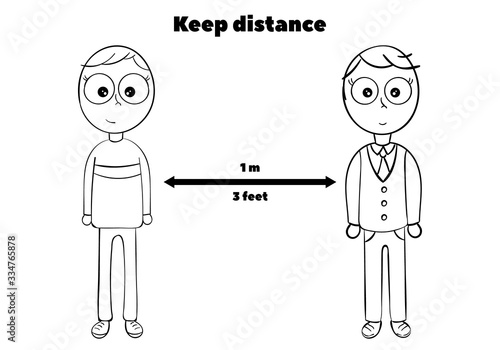Keep distance sign. Coronovirus epidemic protective equipment. Steps to protect yourself. Keep the 1 meter (3 feet) distance.