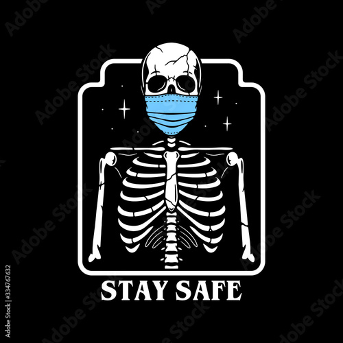 SKELETON IN A MEDICAL MASK WHITE BLACK BACKGROUND