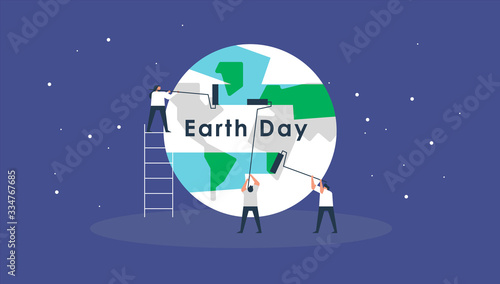 Earth day concept card people team cleaning planet