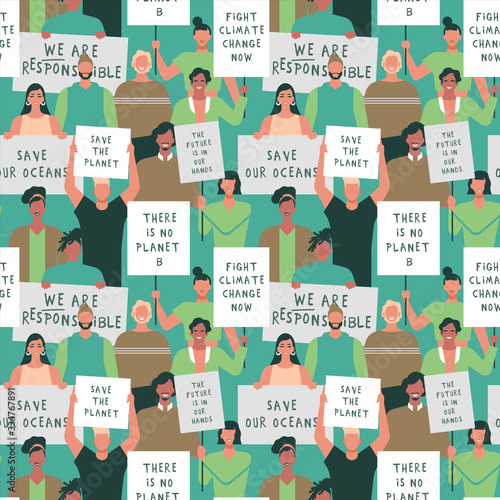 Earth day seamless pattern of people crowd protest
