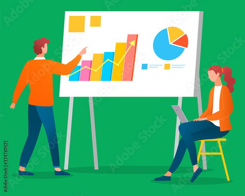 People discussing growth statistic of graph report. Woman working with laptop wireless device and rising arrow on chart. Financial consultation and business statistic on board isolated on green vector © robu_s