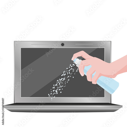 Bottle with a disinfectant in hand. Antiseptic processing of a laptop. Disinfection of equipment during the epidemic, illustration.