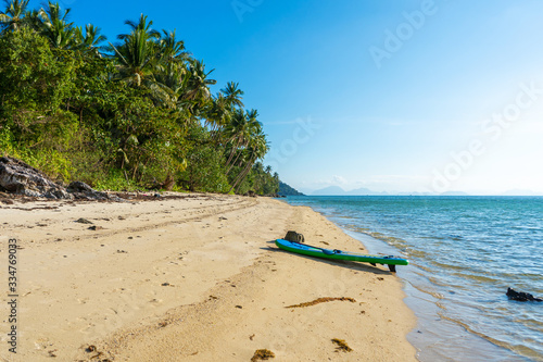 The shore of a tropical island. Beach by the ocean.