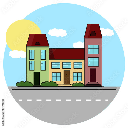 City life illustration with houses, road. Flat style.Architecture Vector.