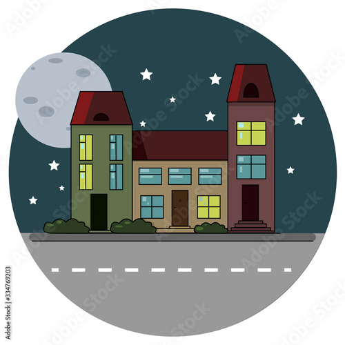 City life illustration with houses, road. Flat style.Architecture Vector.