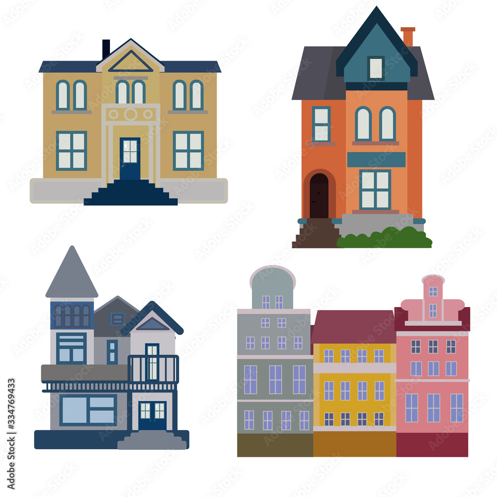 Colorful buildings banner set in flat cartoon style.Architecture Vector.