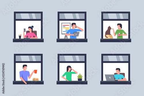 Neighbors in windows. Windows with neighbors. Stay home concept. Flat Style