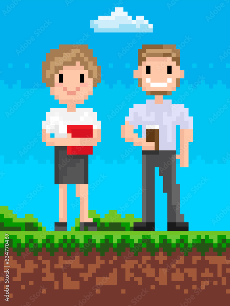 Man and woman on nature vector, lady holding book publication in cover and male standing with cup of hot beverage, male and female pixelated personage Man and woman on nature vector, lady holding book publication in cover and male standing with cup of hot beverage, male and female pixelated personage