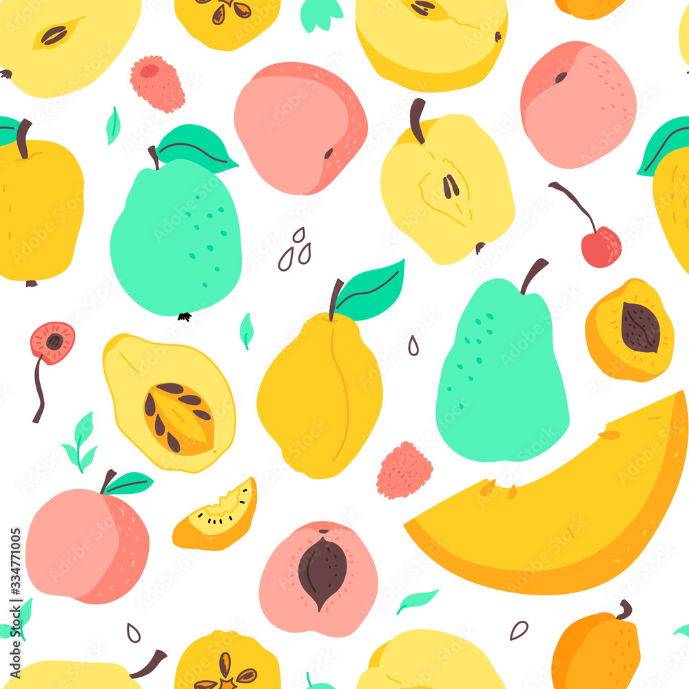 Food flat hand drawn seamless pattern. Fruits- melon, apple, peach, pear, apricot, cherry, qiurce, raspberries. Healthy Organic food scandinavian illustrations. Kitchen textile Food flat hand drawn seamless pattern. Fruits- melon, apple, peach, pear, apricot, cherry, qiurce, raspberries. Healthy Organic food scandinavian illustrations. Kitchen textile