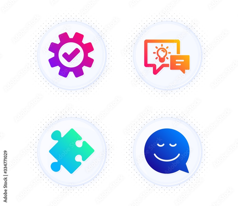 Idea lamp, Service and Strategy icons simple set. Button with halftone dots. Smile sign. Business energy, Cogwheel gear, Puzzle. Chat emotion. Technology set. Gradient flat idea lamp icon. Vector Idea lamp, Service and Strategy icons simple set. Button with halftone dots. Smile sign. Business energy, Cogwheel gear, Puzzle. Chat emotion. Technology set. Gradient flat idea lamp icon. Vector