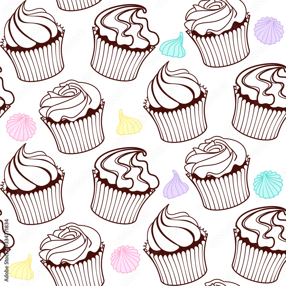 Brown muffins, cupcakes and colorful small meringues on a white background. Vector seamless pattern for bakery, cafe, sweet shop, pastry shop, confectionery, printing on packaging, wrapper, menu Brown muffins, cupcakes and colorful small meringues on a white background. Vector seamless pattern for bakery, cafe, sweet shop, pastry shop, confectionery, printing on packaging, wrapper, menu