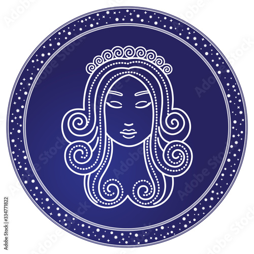 Virgo horoscope and zodiac sign decorative design in circle. Isolated icon of maiden in sketchy manner. Element for virgos or virgoans born in september and august months. Vector in flat style