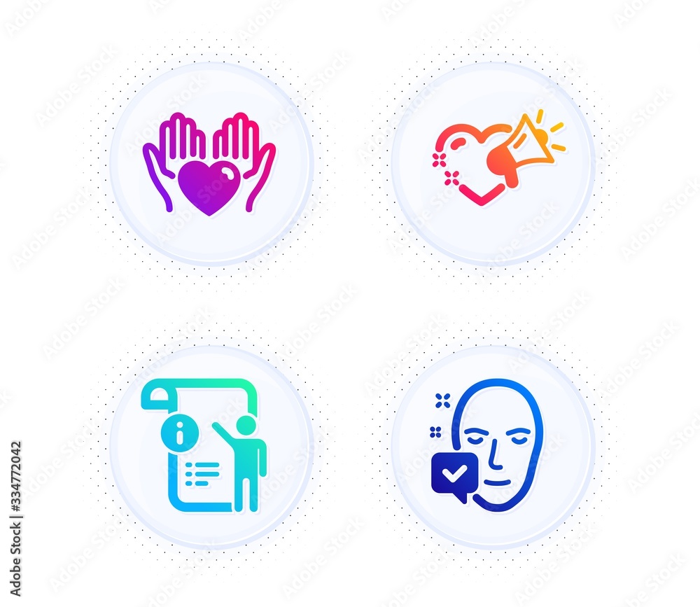 Hold heart, Manual doc and Love message icons simple set. Button with halftone dots. Face accepted sign. Care love, Project info, Heart. Access granted. People set. Vector Hold heart, Manual doc and Love message icons simple set. Button with halftone dots. Face accepted sign. Care love, Project info, Heart. Access granted. People set. Vector
