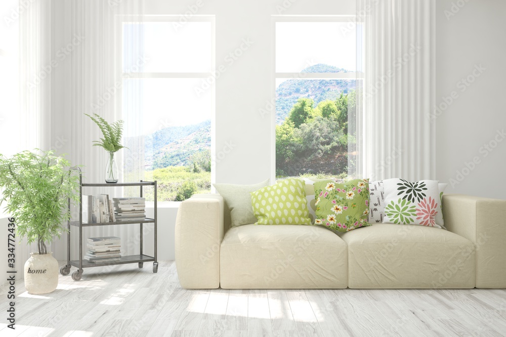 White living room with sofa and summer landscape in window. Scandinavian interior design. 3D illustration White living room with sofa and summer landscape in window. Scandinavian interior design. 3D illustration