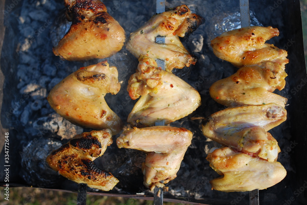 Chicken wings are fried on skewers on the grill. Picnic in nature.