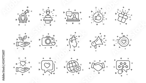 Influence people, Megaphone and Representative. Brand ambassador line icons. Handshake, influencer marketing person, ambassador person icons. Linear set. Geometric elements. Quality signs set. Vector