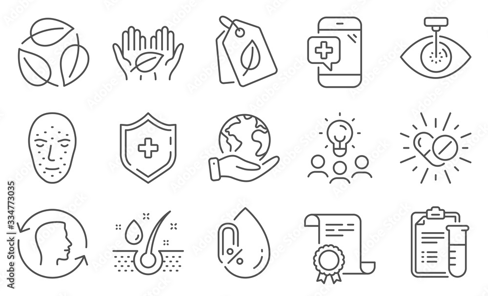 Set of Healthcare icons, such as Face biometrics, No alcohol. Diploma, ideas, save planet. Serum oil, Medical shield, Fair trade. Face id, Medical drugs, Bio tags. Eye laser, Leaves line icons. Vector Set of Healthcare icons, such as Face biometrics, No alcohol. Diploma, ideas, save planet. Serum oil, Medical shield, Fair trade. Face id, Medical drugs, Bio tags. Eye laser, Leaves line icons. Vector
