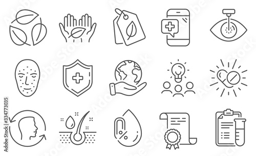 Set of Healthcare icons, such as Face biometrics, No alcohol. Diploma, ideas, save planet. Serum oil, Medical shield, Fair trade. Face id, Medical drugs, Bio tags. Eye laser, Leaves line icons. Vector